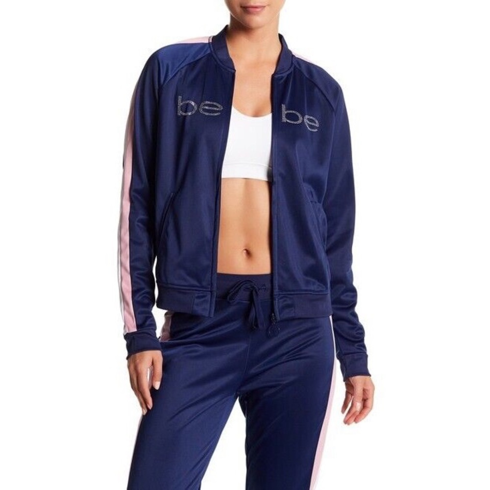 Bebe Sport Tricot Crystal Logo Navy Striped Track Jacket